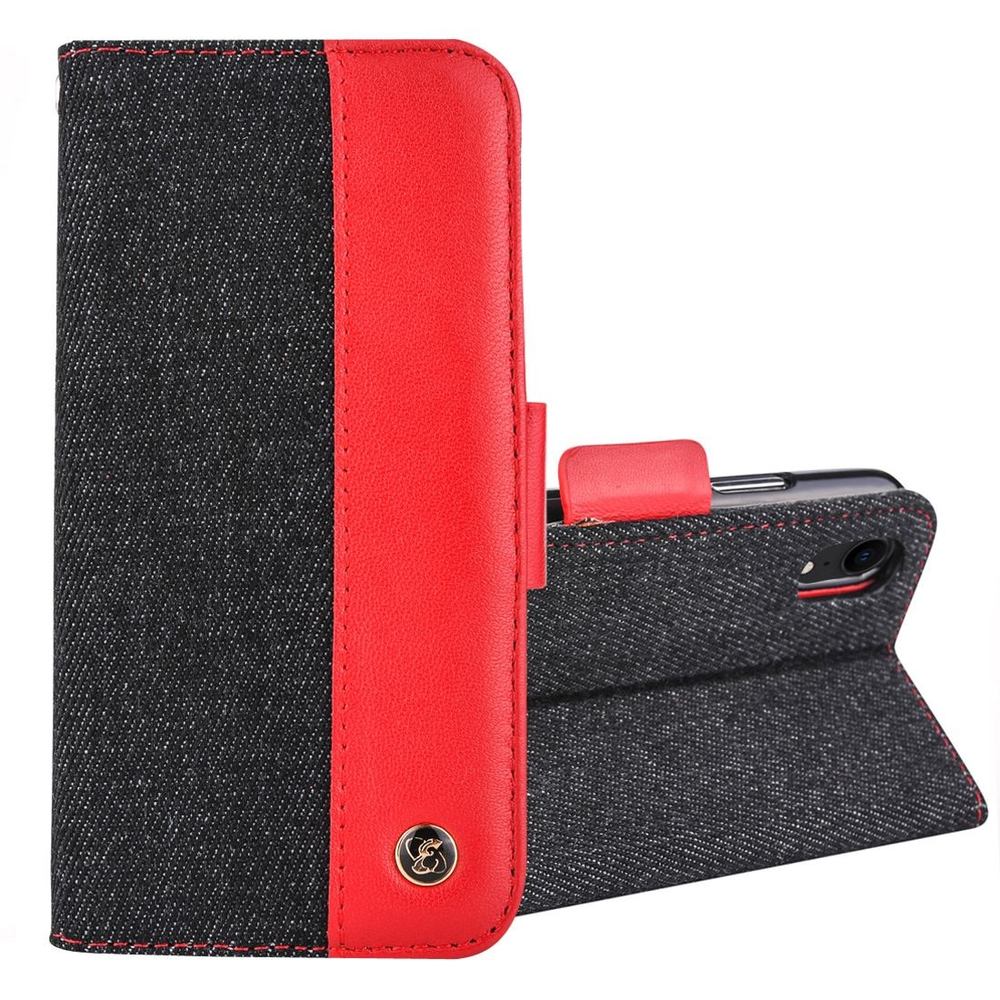 iPhone XR Black & Red 2-in-1 Denim Pattern Genuine Leather Cover with Card Slot and Stand-up Holder