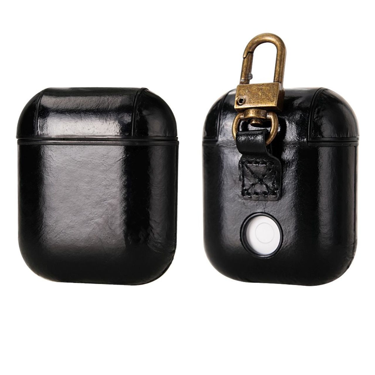 For Apple AirPods 1/2 Case, Genuine Leather Protective Wireless Earphones Box, Black with Hook