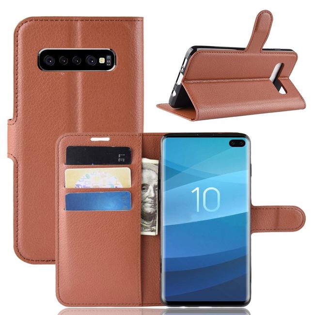Samsung Galaxy S10 5G Brown Lychee Texture Horizontal Flip Leather Cover With 3 Card Slots & Stand