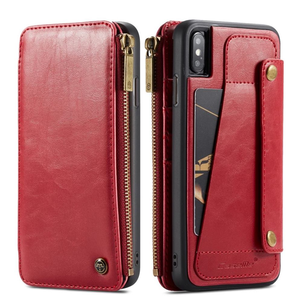 iPhone XS Max Case Red Detachable Multifunctional Folio Leather Cover with Card Slots and Zippered Wallet