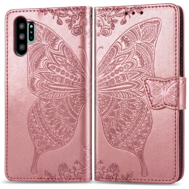 Samsung Galaxy Note 10+ Plus Case Rose Gold Butterfly Flowers Embossed PU Leather Folio Cover