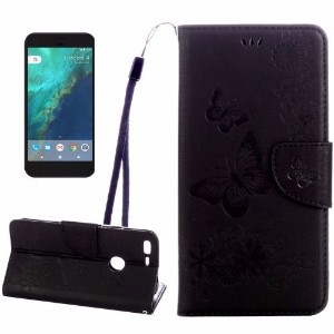 Black Butterflies Emboss Leather Wallet Google Pixel XL Case