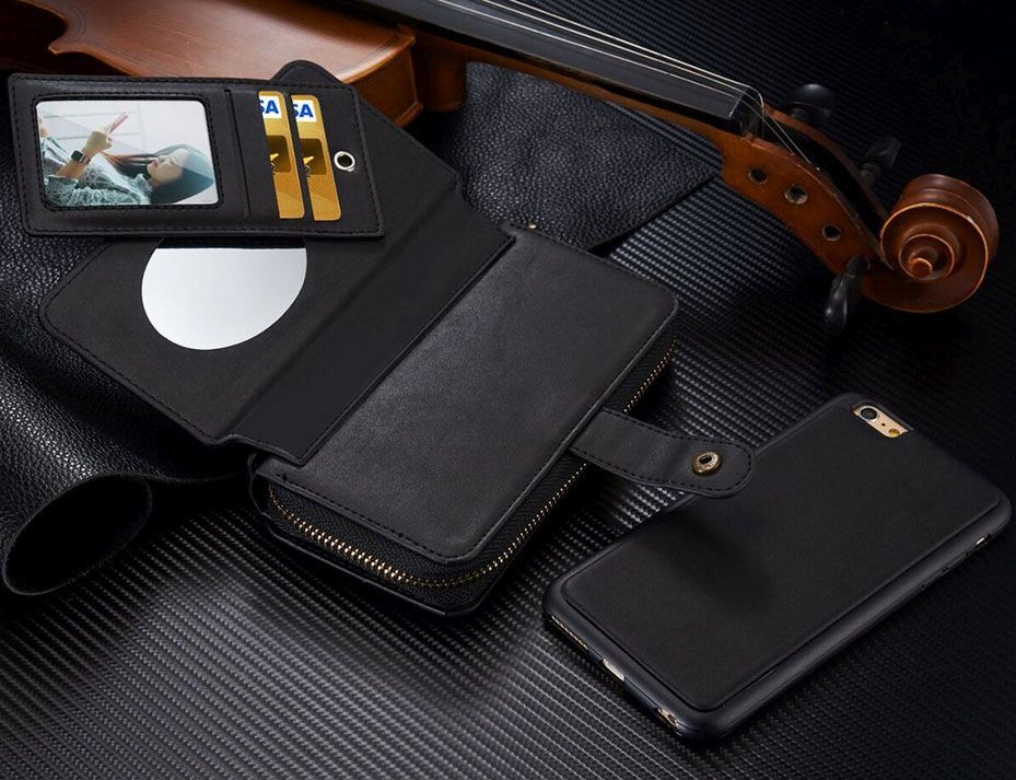 Black Genuine Leather Zipper Wallet Detachable iPhone 7 Case