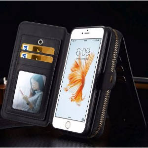 Black Genuine Leather Zipper Wallet Detachable iPhone 7 Case