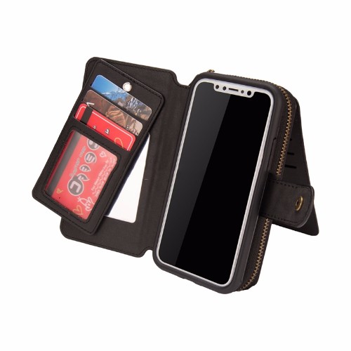 Black Genuine Leather Zipper Wallet Detachable iPhone X Case