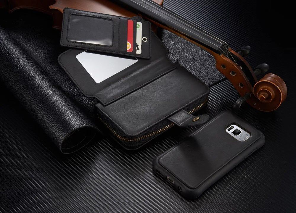 Black Genuine Leather Zipper Wallet Detachable Samsung S9 Case
