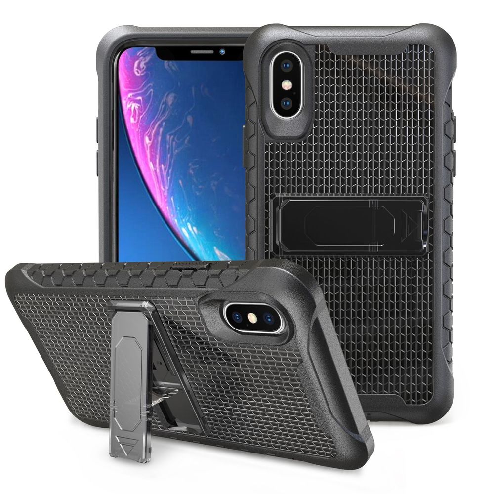 Black Honeycomb iPhone XR Case, Armor Phone Cover with Kickstand