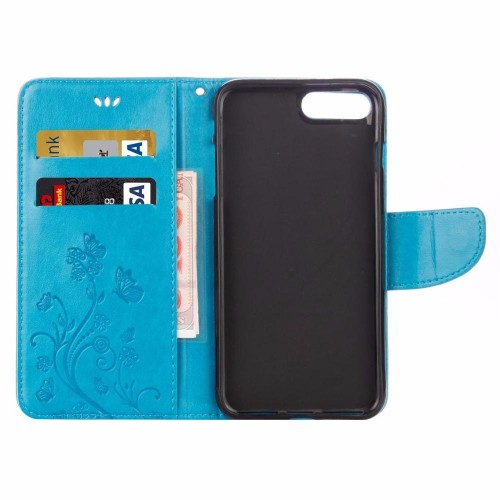 Blue Butterflies Emboss Leather Wallet iPhone 7 PLUS Case
