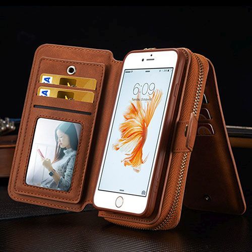 Brown Genuine Leather Zipper Wallet Detachable iPhone 5, 5S & SE Case