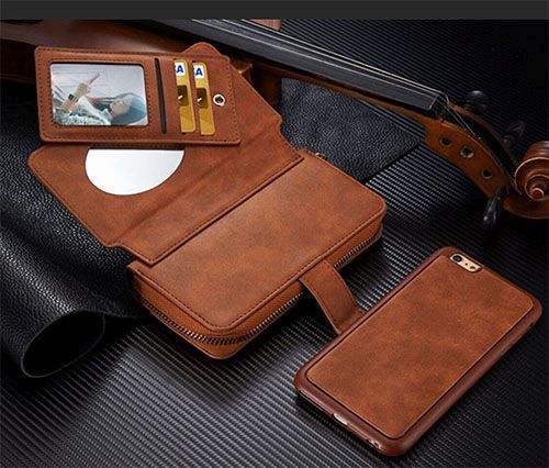 Brown Genuine Leather Zipper Wallet Detachable iPhone 5, 5S & SE Case