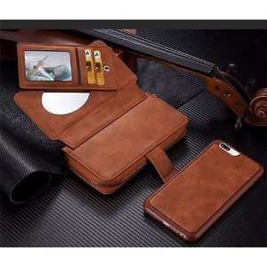 Brown Genuine Leather Zipper Wallet Detachable iPhone 8 PLUS & 7 PLUS Case