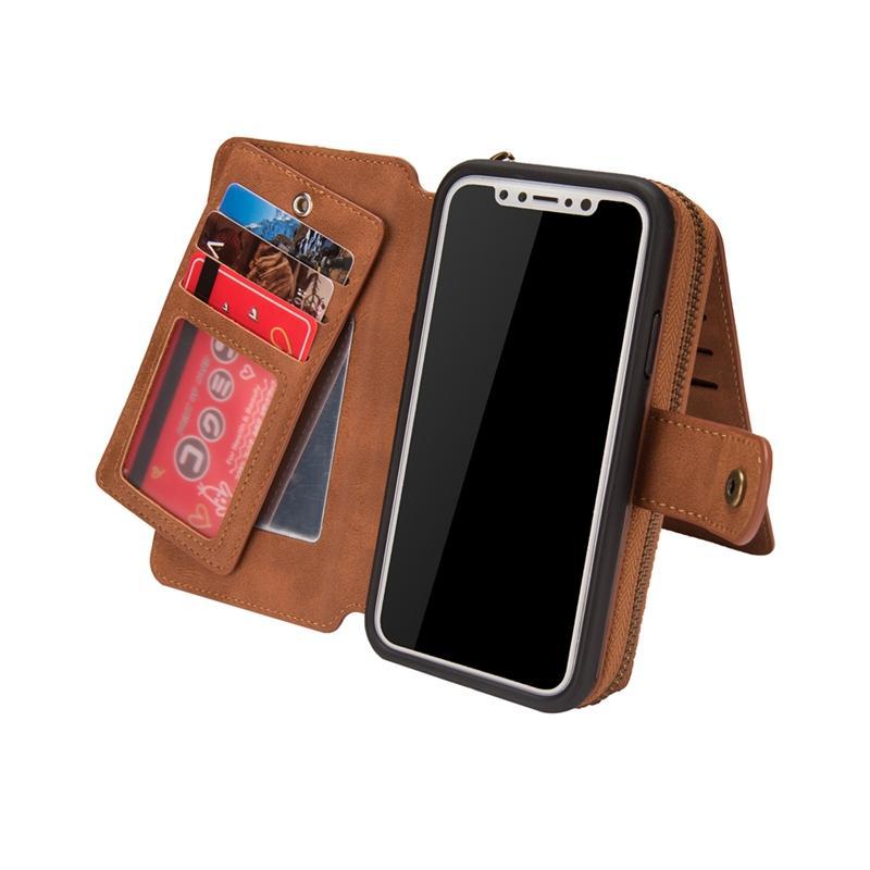 Brown Genuine Leather Zipper Wallet Detachable iPhone X Case