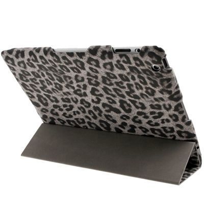 Dark Gray 3-Fold Leopard Pattern Leather iPad 2/3/4 Case