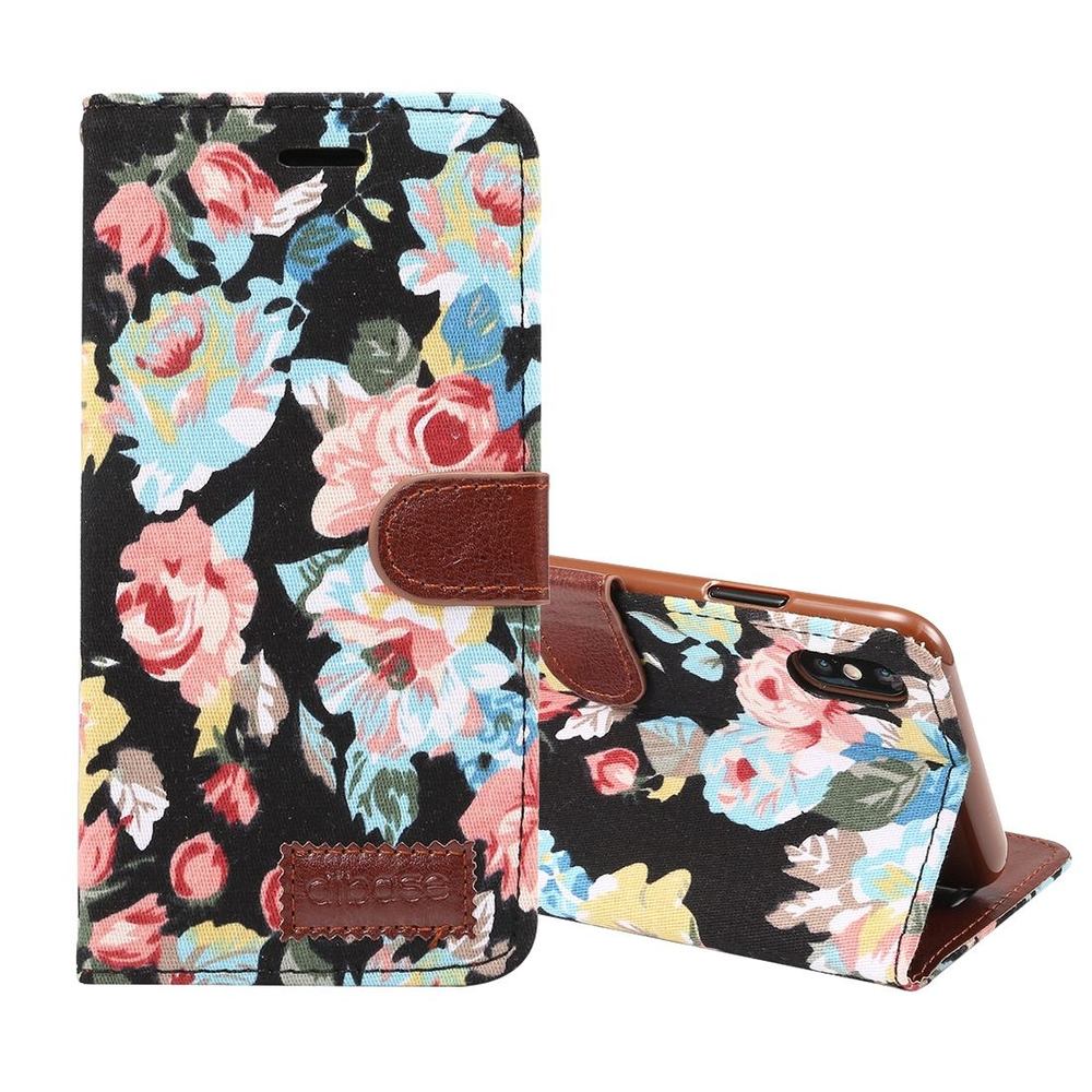 iPhone XS MAX Leather Wallet Case Black Flower Pattern Cover with Card Slots and Kickstand