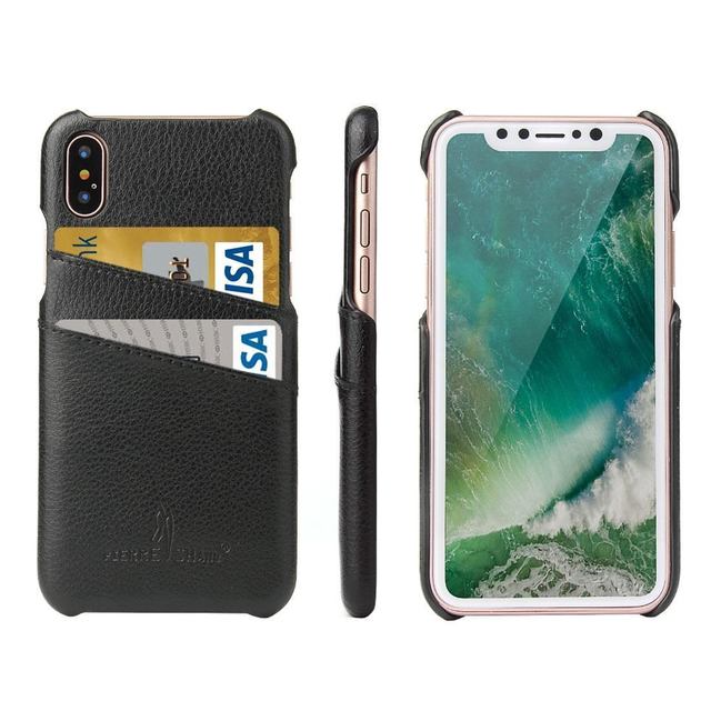 iPhone XS & X Case Black Handmade Genuine Leather Fashion Back Shell with 2 Card Slots, Shockproof & Scratch-proof