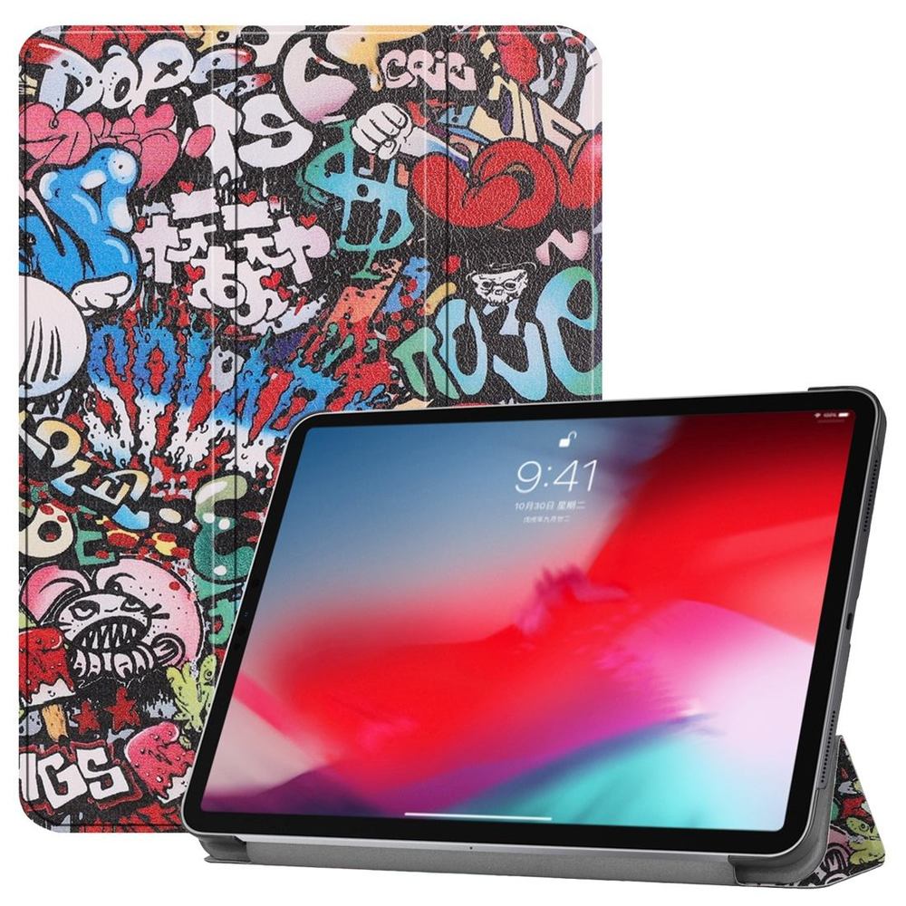 iPad Pro 11-inch 2018 Case Graffiti Patterned PU Leather Folio Cover, Wake/Sleep Function, Three-Folding Holder