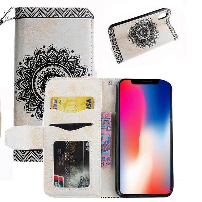 White Mandala Emboss Leather Wallet iPhone XS & X Case