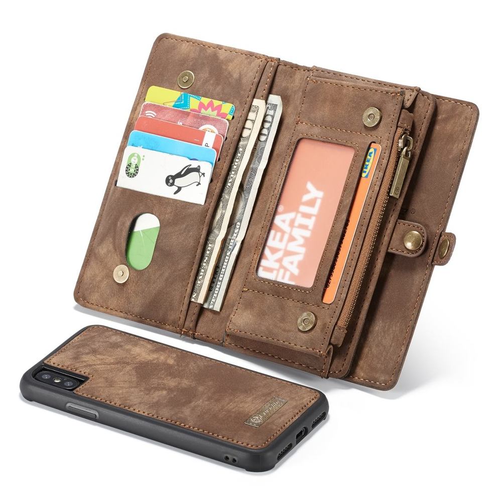 iPhone XR Case, Brown Detachable Multifunctional Leather Folio Cover, 11 Card Slots, 3 Cash Slot, 1 Zipper Wallet