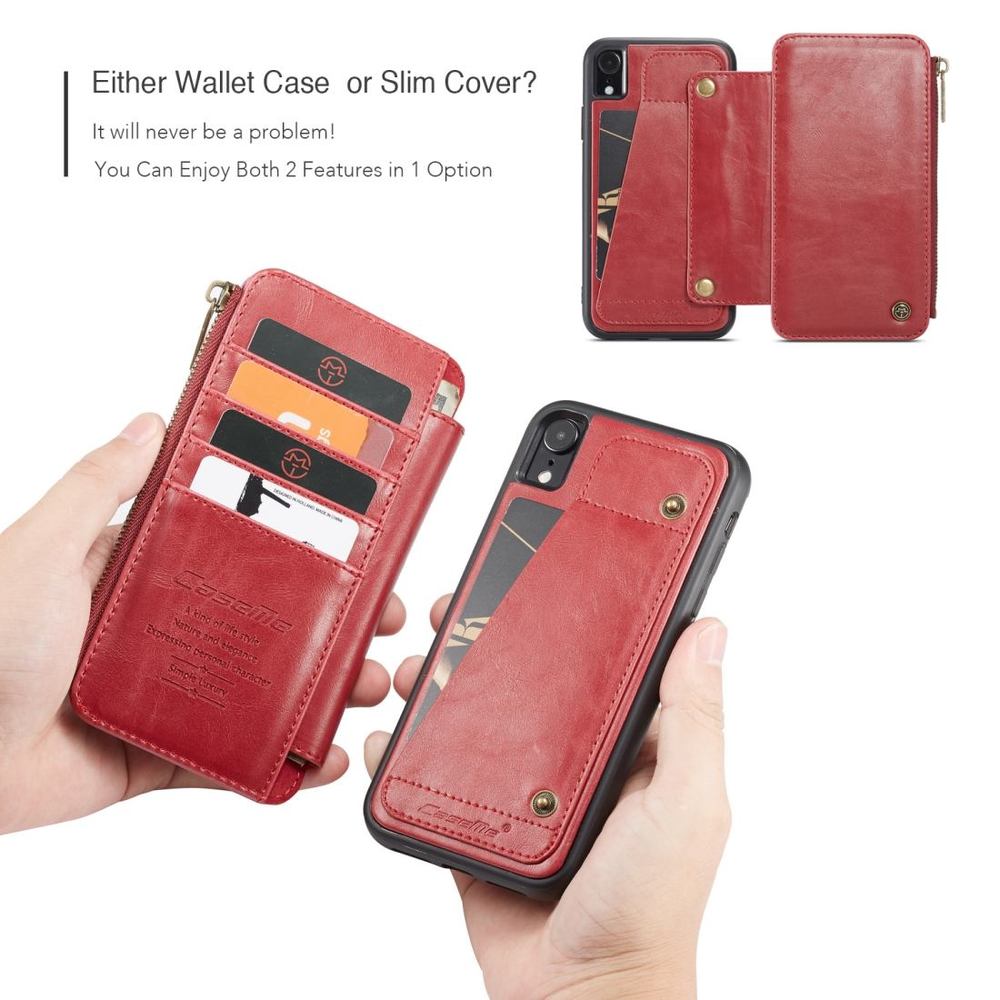 iPhone XR Case Detachable Multifunctional Red Leather Folio Case with Card Slots. Zippered Wallet & Holder