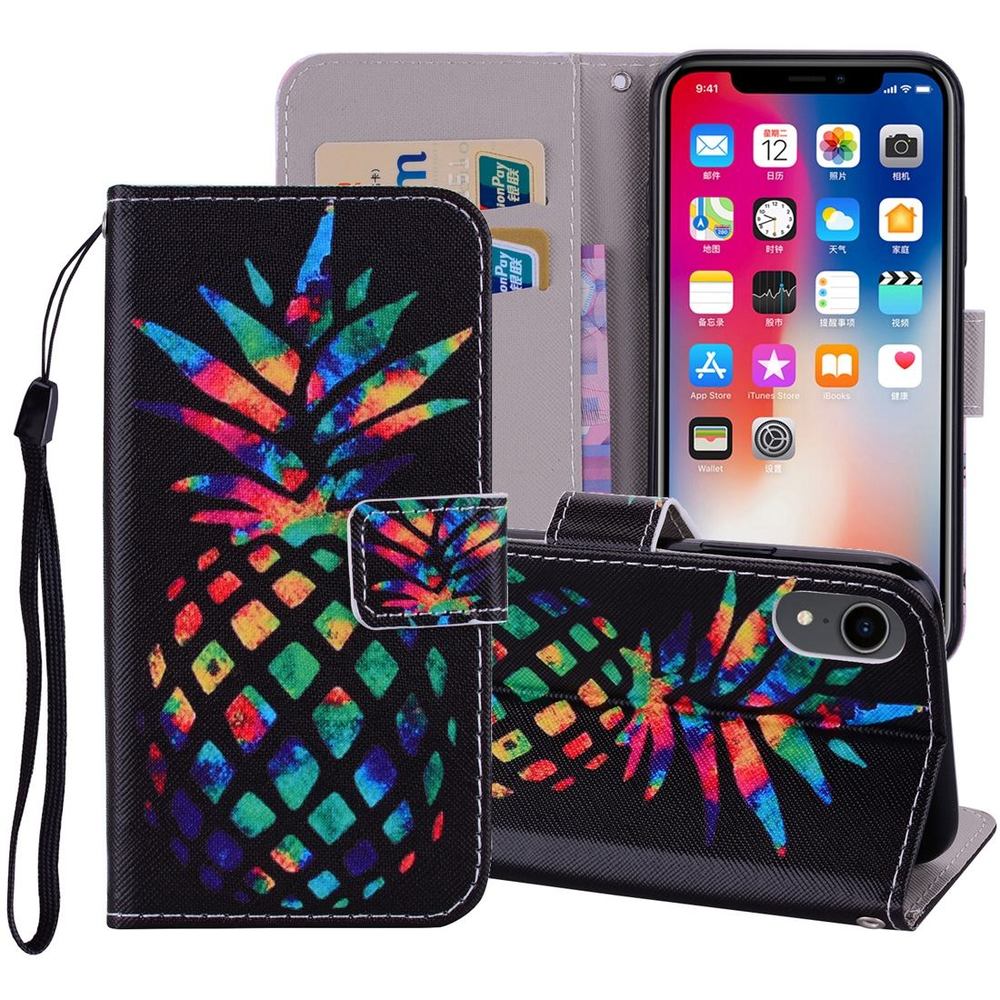 iPhone XR Case Colourful Pineapple Wallet Leather Cover with 2 Card Slots, Cash Pocket, Built-in Kickstand & Lanyard