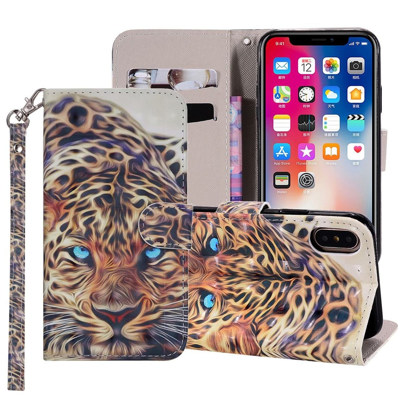 iPhone XS Max Case Leopard Patterned Drawing Horizontal Leather Wallet Cover with Card Slots, Lanyard, & Kickstand