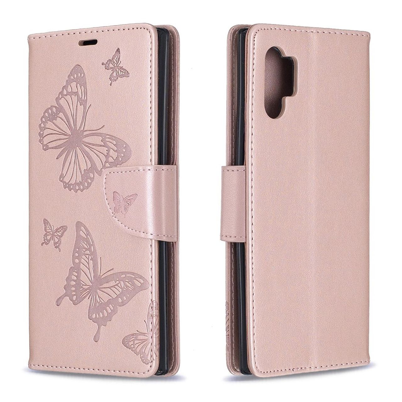 Samsung Galaxy Note 10+ Case Rose Gold Embossed Butterflies Pattern PU Leather Folio Cover with Card & Cash Slots, Stand