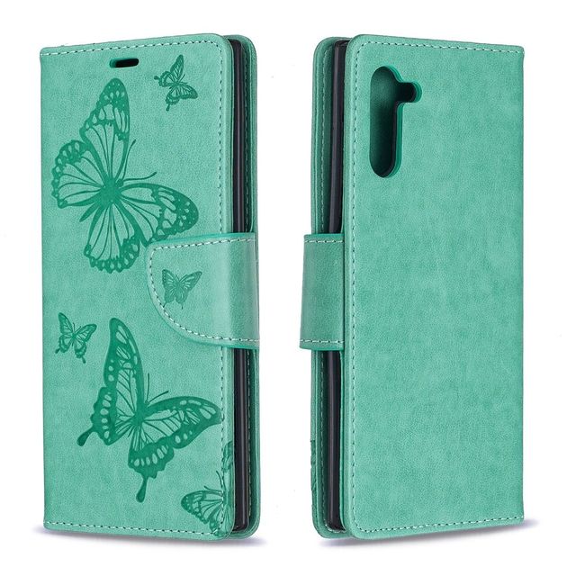 Samsung Galaxy Note 10 Case Green Butterfly Embossed Pattern PU Leather Folio Cover with Kickstand, 2 Card Slots