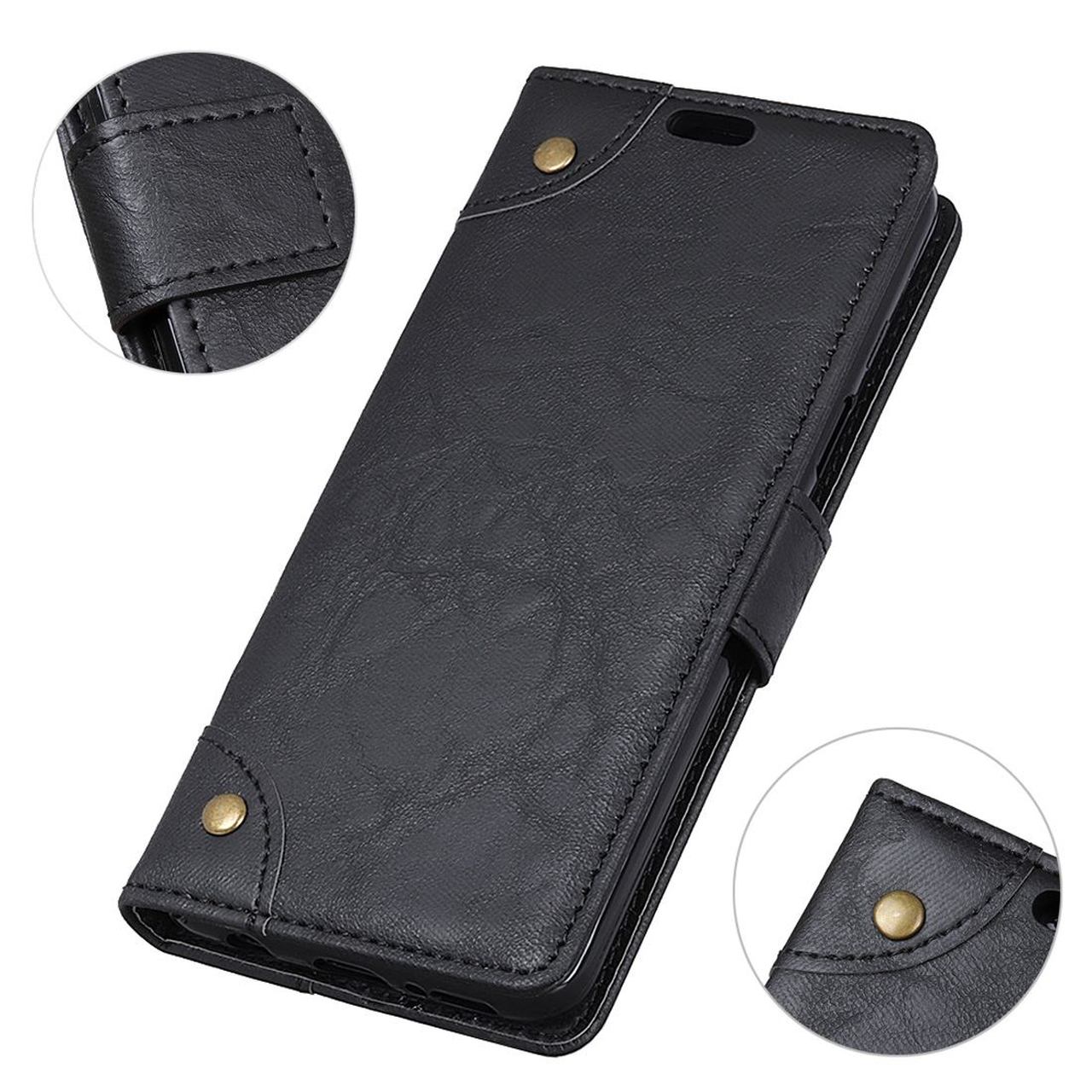 Google Pixel 3 Leather Wallet Case Black Copper Buckle Horse Texture Cover