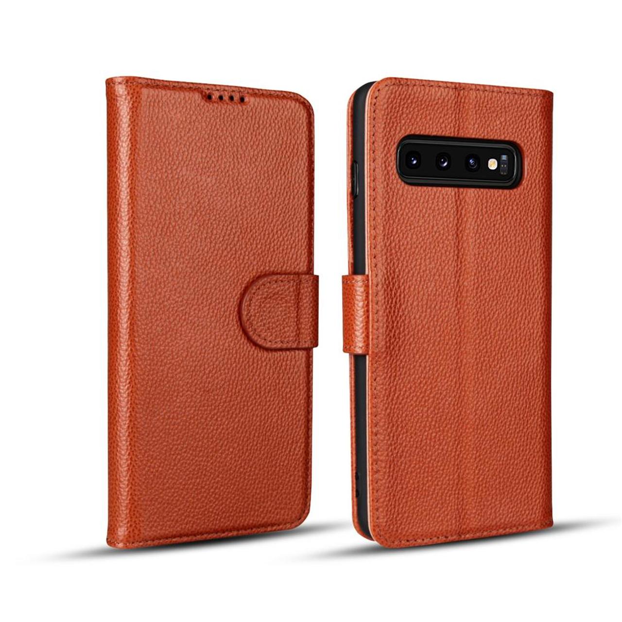 Samsung Galaxy S10 Case Brown Fashion Cowhide Genuine Leather Flip Cover with 2 Card Slots, 1 Cash Slot & Shockproof