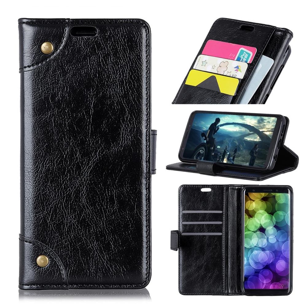 Samsung Galaxy S10 Plus Case Black Copper Buckle Nappa Texture PU Leather Wallet Cover with Card Slots & Kickstand