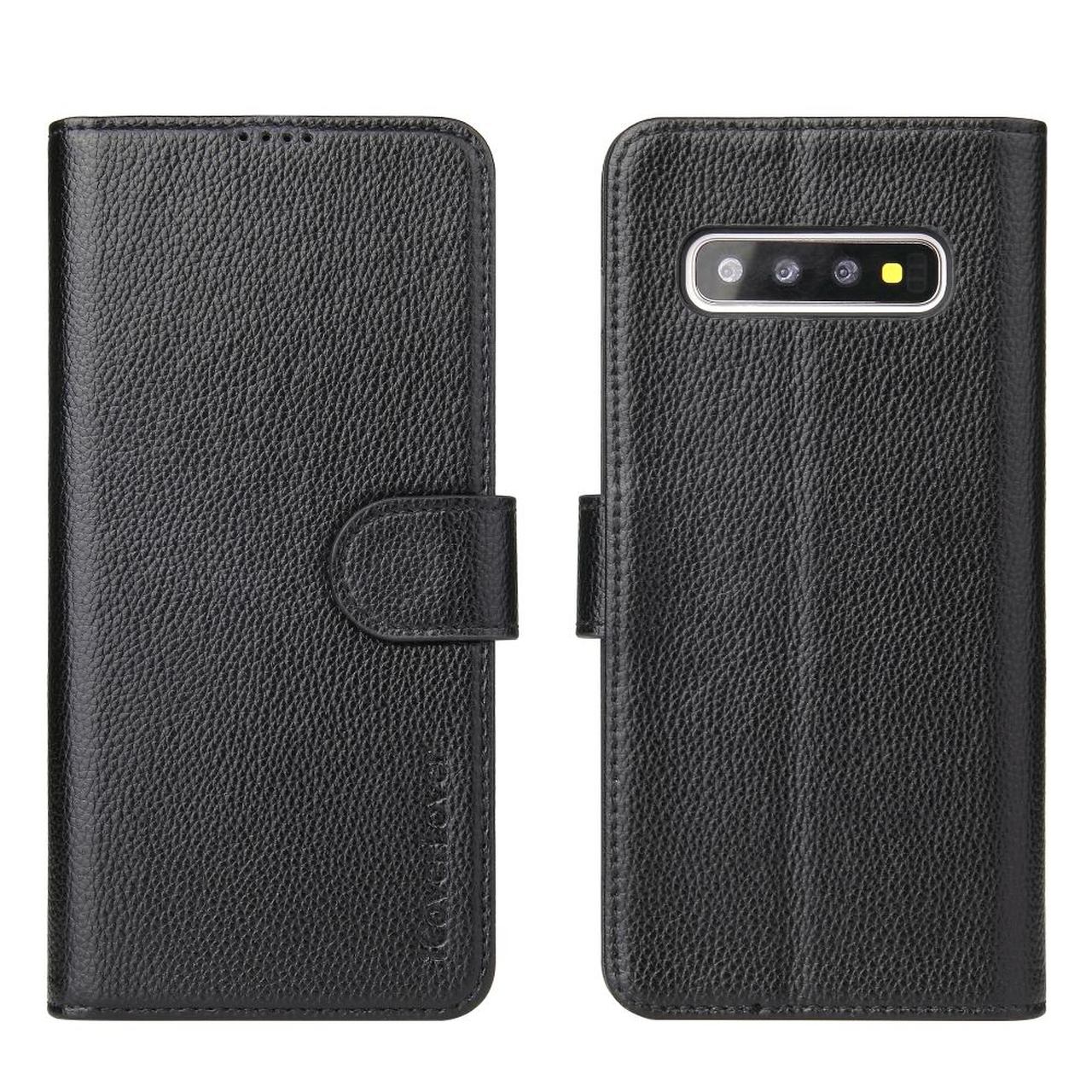 Samsung Galaxy S10+ PLUS Case Black iCoverLover Genuine Cow Leather Wallet,3 Card 1 Cash Slot,Magnetic Flap & Kickstand
