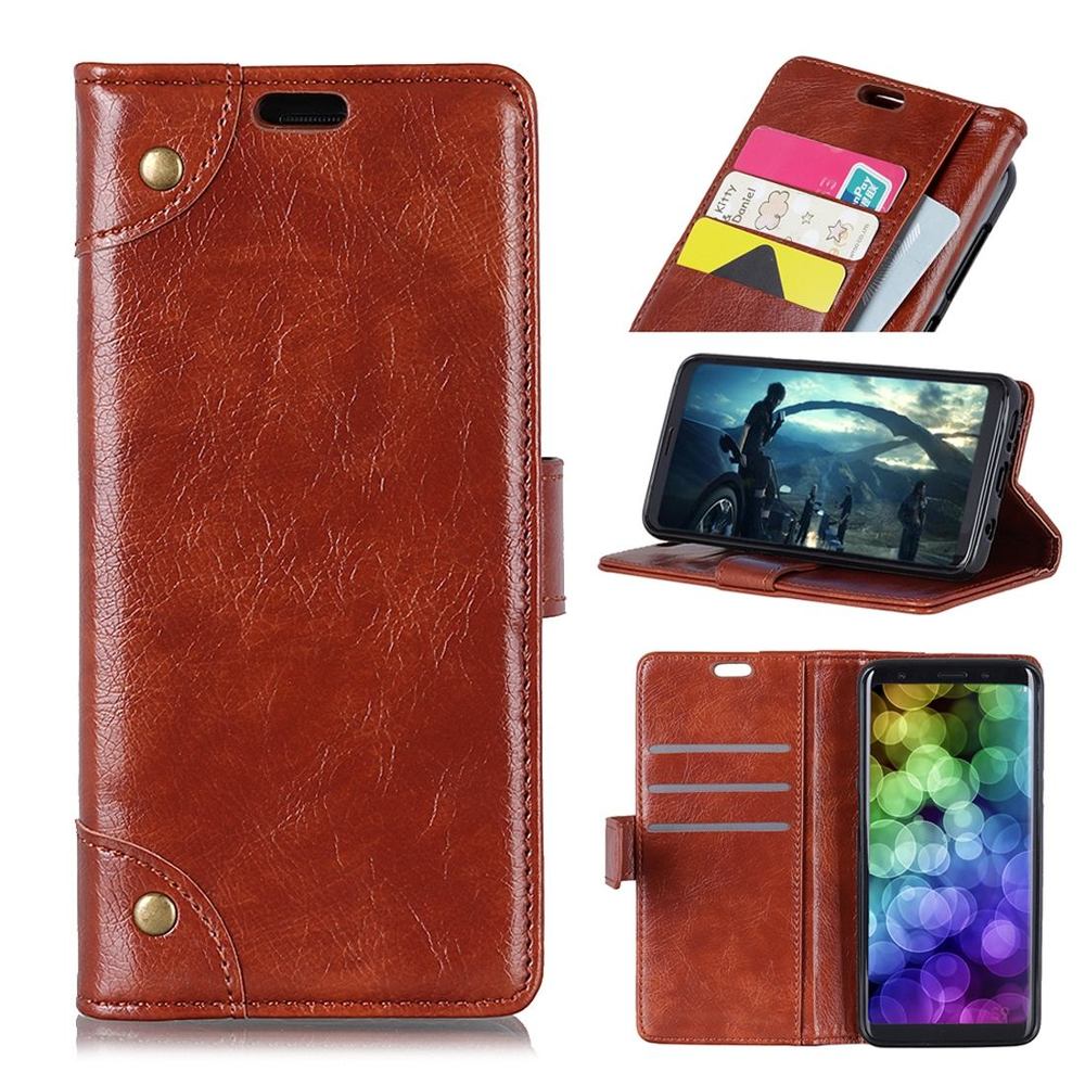 Samsung Galaxy S10 Case Brown Copper Buckle Nappa Texture PU Leather Wallet Cover with Card Slots & Kickstand