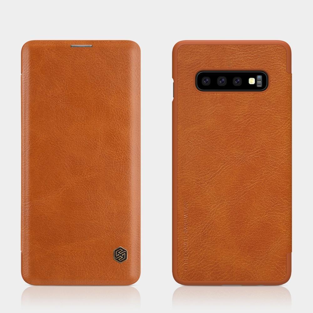 Samsung Galaxy S10+ Plus Case Brown Wild Horse Texture PU Leather Folio Cover with 1 Card Slot and Ultra Slim