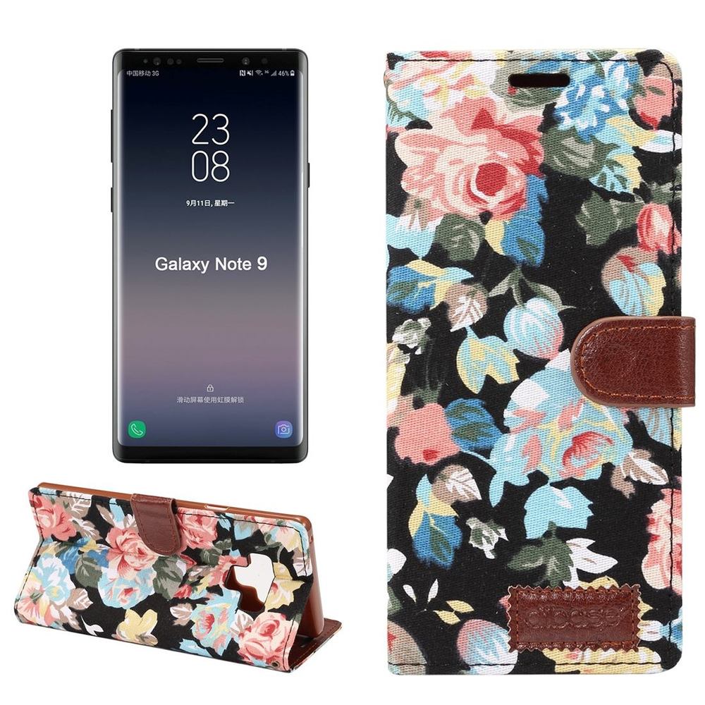 Samsung Galaxy Note 9 Case Black Flower Textile Leather Wallet Cover with Kickstand and Card Slots