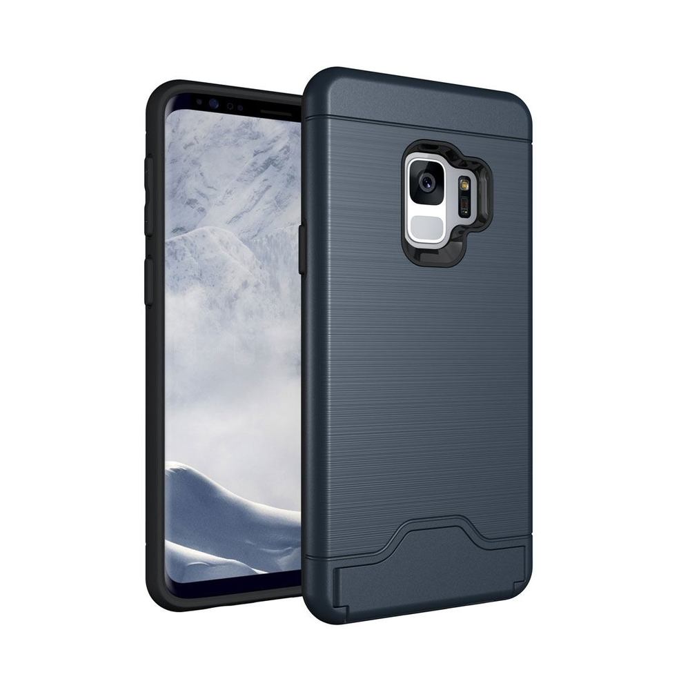Navy Blue Brushed Texture Samsung Galaxy S9 Protective Back Case with Card Holder