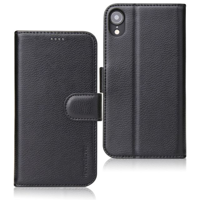 iPhone XR Case iCoverLover Black Genuine Cow Leather Wallet Folio Case, 3 Card Slots, 1 Cash Compartment